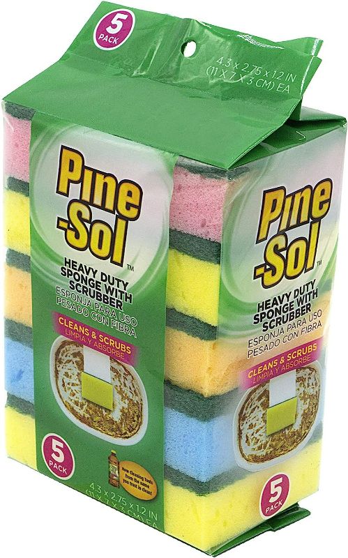 Photo 1 of (3 packs) Pine-Sol Heavy Duty Sponge with Scrubber – Pack of 5, Dual-Sided | Easily Cleans and Scrubs Stuck-On Grime, Oil, Grease and Burnt on Food, 5 Count, Assorted