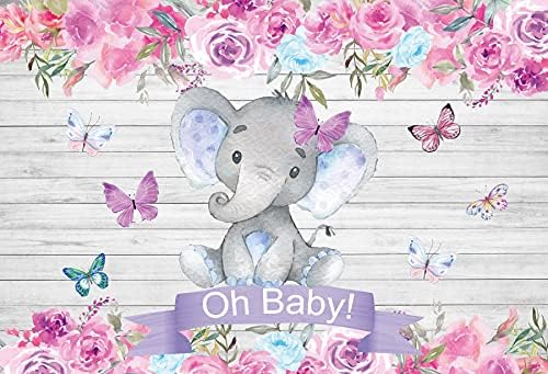 Photo 1 of shensu Vinyl 5x3ft Baby Shower Backdrop for Photography Cute Elephant Flowers Butterflies Wood Photo Background Newborn Baby Shower Boys Girls Party Decorations Portrait Photo Booth Studio Props 