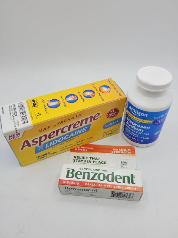 Photo 4 of 3 COUNT FIRST AID BUNDLE: Amazon Basic Care Naproxen Sodium Caplets 220 mg, Pain Reliever/Fever Reducer (NSAID), Muscular Aches, Backache, Headache, Toothache, Minor Arthritis Pain Relief and More, 300 Count 300 Count (Pack of 1), Benzodent Dental Pain Re