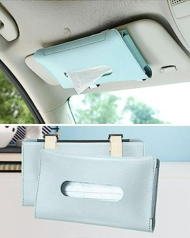 Photo 1 of Randconcept Car Tissue Holder - Sun Visor Dispenser for Napkin, Wipes & Masks - Mount on Armrest, Backseat or Dashboard - PU Leather, with Straps - Includes 2 Adhesive Hooks for Face Covers (Blue)
