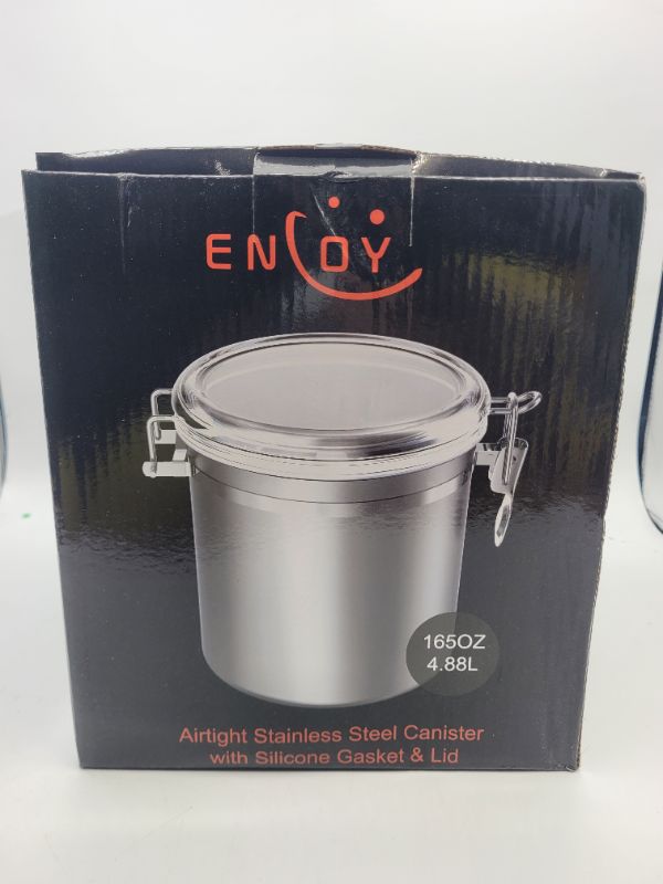 Photo 2 of ENLOY 165oz Stainless Steel Airtight Canister for Kitchen, Large Flour Coffee Bean Tea Cereal Sugar Cookie Metal Food Storage Canisters with Clear Lid and Sturdy Locking Clamp