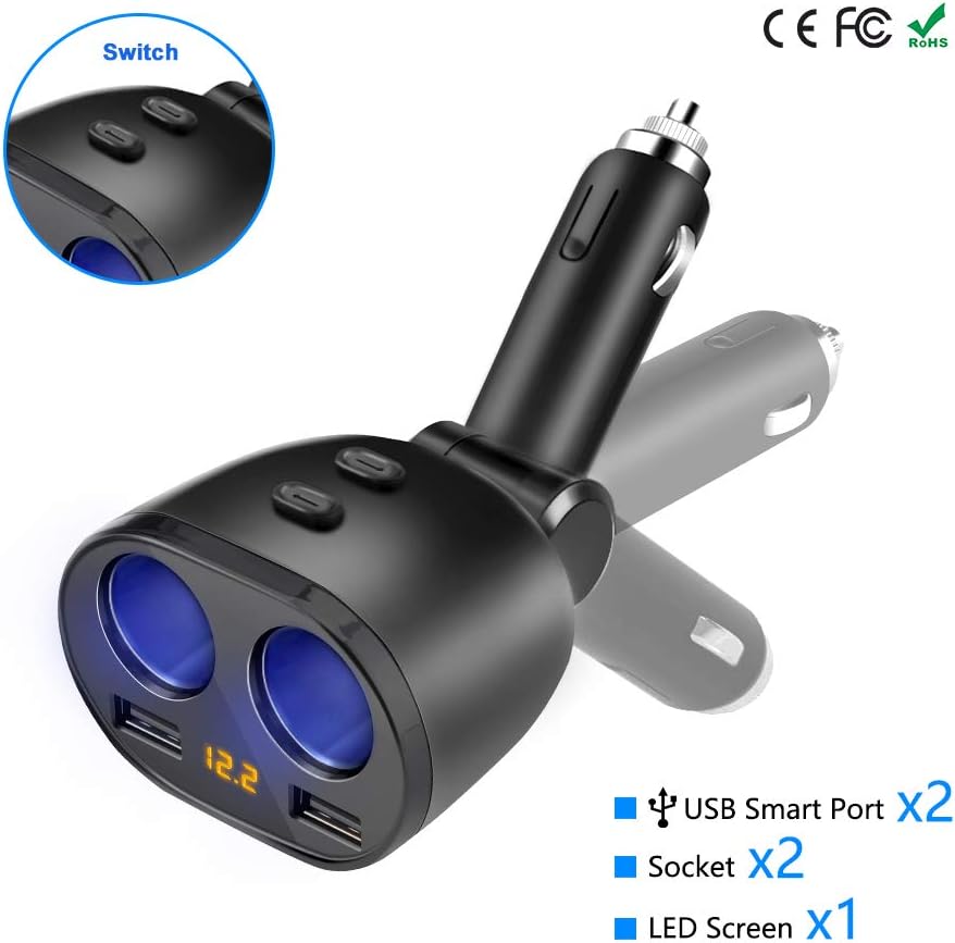 Photo 1 of Rocketek USB Car Charger Splitter Adapter, 2 Socket Cigarette Lighter Multi Power Outlet 12V/24V 80W DC with LED Voltmeter Switch Dual USB Port for Mobile Phone Tablet GPS Dash Cam Samsung Tomtom