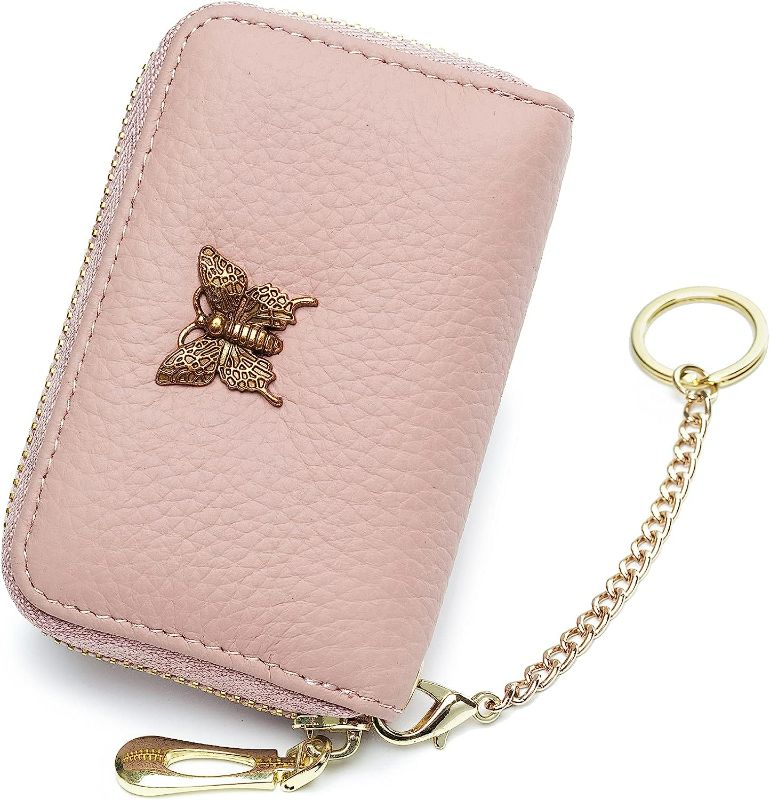 Photo 1 of imeetu RFID Credit Card Holder for Women Small Leather Zipper Card Case Wallet with Removable Keychain (Pink)