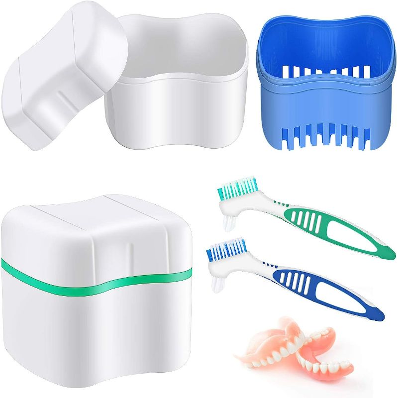 Photo 1 of 2 Pack Denture Cups Bath Denture Case,Denture Brush Retainer Case,Dentures Container with Basket Denture Holder for Travel,Retainer Cleaning Case GREEN