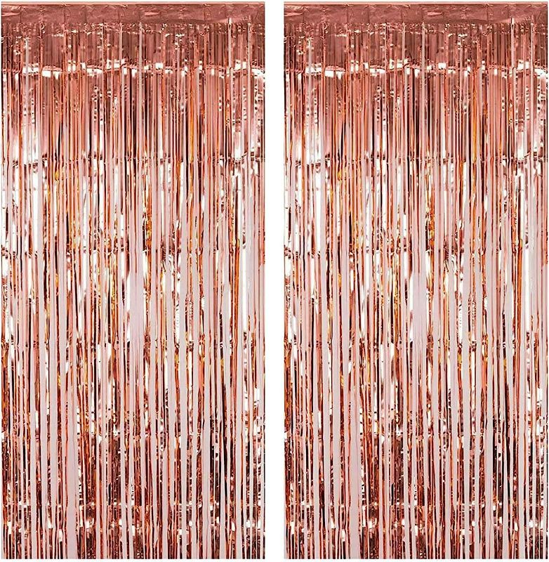 Photo 1 of (2 pack) Fecedy 2pcs 3ft x 8.3ft Rose Gold Metallic Tinsel Foil Fringe Curtains Photo Booth Props for Birthday Wedding Engagement Bridal Shower Baby Shower Bachelorette Holiday Celebration Party Decorations