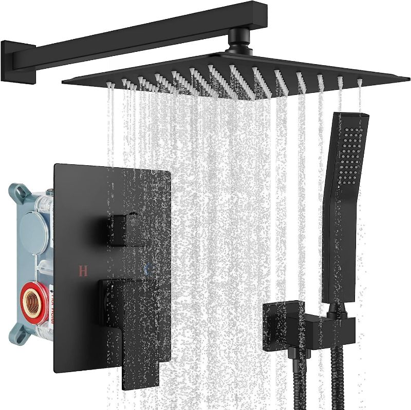 Photo 1 of Rainfall Shower System Matte Black with High Pressure 10 inch Shower Head Hand Held Square Shower Head Bathroom Luxury Rain Mixer Shower Complete Combo Set Wall Mounted