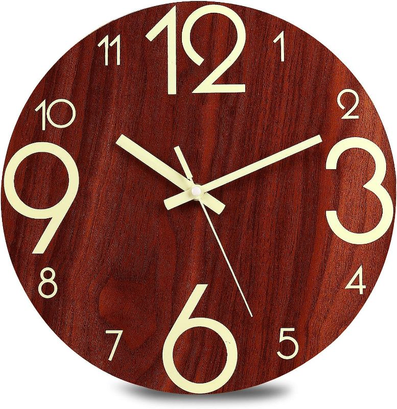 Photo 2 of Plumeet Luminous Wall Clock - 12'' Non-Ticking Silent Wooden Clocks with Night Light - Large Decorative Wall Clock for Kitchen Office Bedroom,Battery Operated