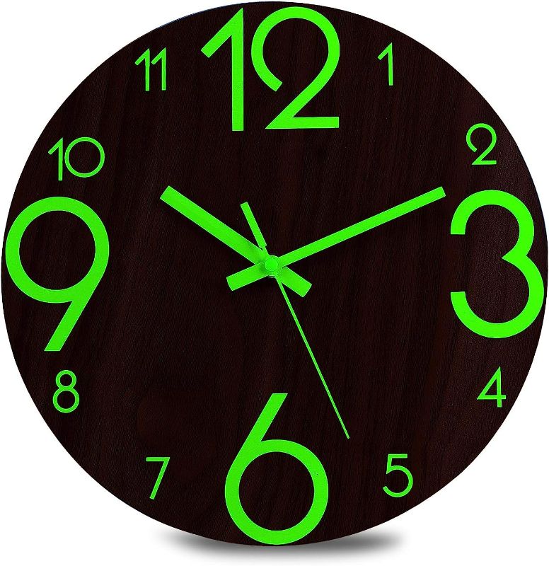 Photo 1 of Plumeet Luminous Wall Clock - 12'' Non-Ticking Silent Wooden Clocks with Night Light - Large Decorative Wall Clock for Kitchen Office Bedroom,Battery Operated
