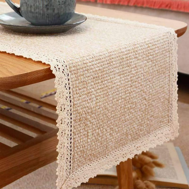 Photo 1 of Mtoye Burlap Cream Lace Table Runners Table Runner, Fashion Contracted Tea Table Cover Table Linen for Restaurant Kitchen Dining Wedding Party Banquet Events Farmhouse Decor (12" W x82 L)