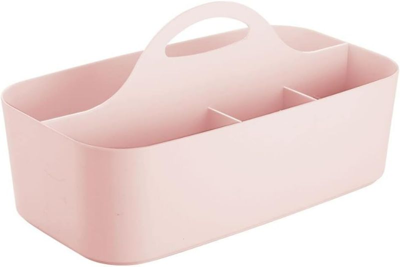 Photo 1 of mDesign Plastic Divided Shower Organizer Basket Caddy Tote with Handle - Storage for Bathroom or Dorm - Holds Hand Soap, Shampoo, Sponges, Scrubs, and Body Wash, Lumiere Collection, Light Pink