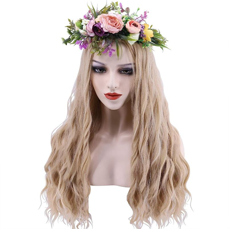 Photo 1 of Carole Baskin Costume Long Wavy Natural Synthetic Hair Wigs Cosplay Wig 70s Hippie Costumes Wig for Women Party Halloween (Blonde Wig + Colorful Big Flower Crown)