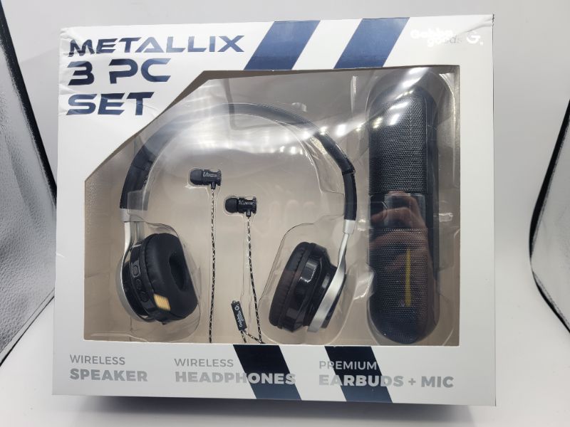 Photo 2 of GabbaGoods 3 Piece Metallix Electronics Gift Combo Set- Includes a Gabba Goods Bluetooth Wireless Audio Sound Speaker, Over the Ear Bluetooth Foldable Headset, & Earbuds with built-in Mic- Black