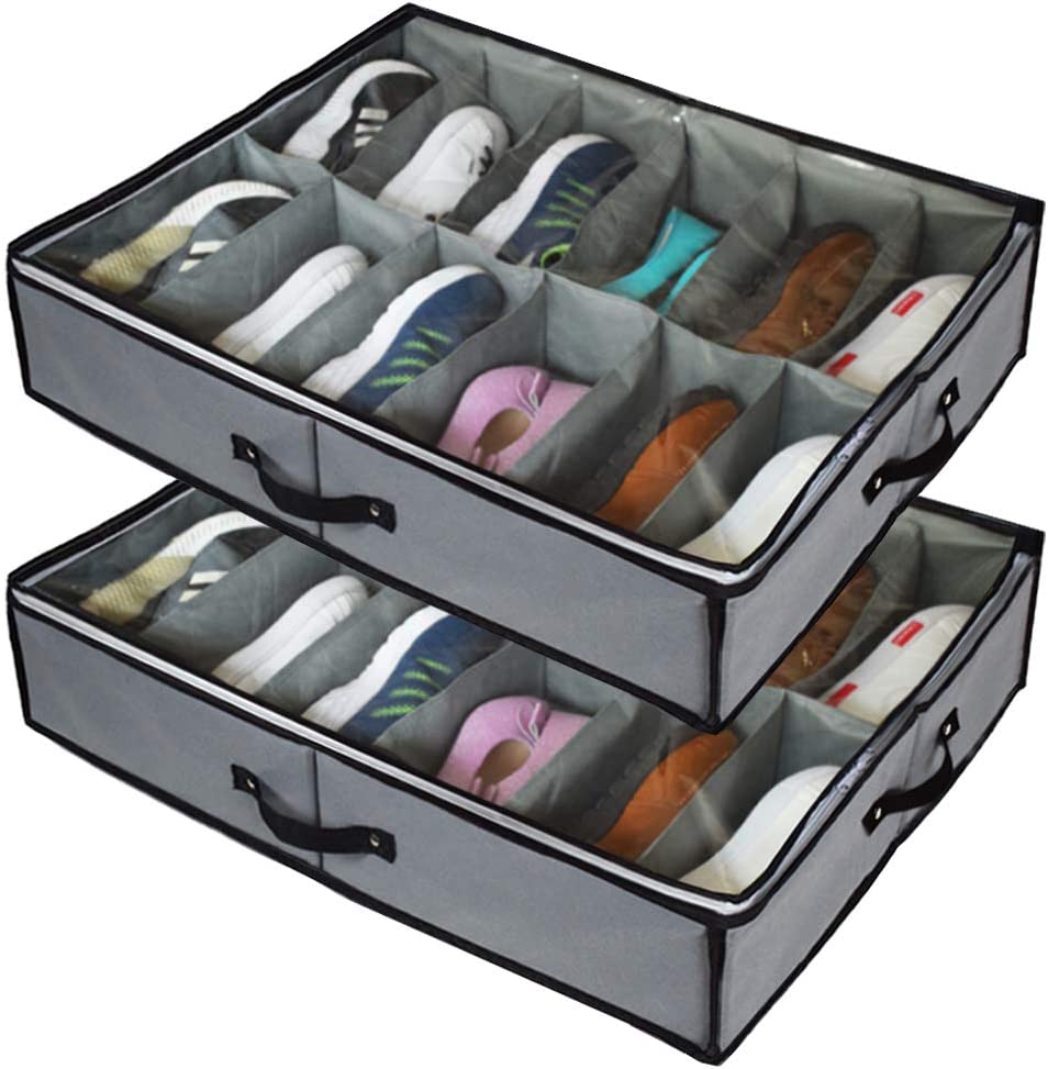 Photo 1 of stylishom Under Bed Shoe Storage Organizers ?2 Pack Fit 24 Pairs, Underbed Shoe Storage Containers Box Bags with Clear Cover,Reinforced Handles,Sturdy zippers,Breathable Fabric Grey Set of 2