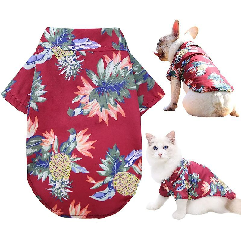 Photo 1 of (2 PACK) Brocarp Hawaiian Dog Shirt - Summer Camp Beach Flower Pineapple Puppy Clothes, Cool Lapel Jacket Custome Tops, Pet Outfit Coat For Small Medium Large Boy Girl Cats Kitten, Breathable Clothing Apparel (Both Small)