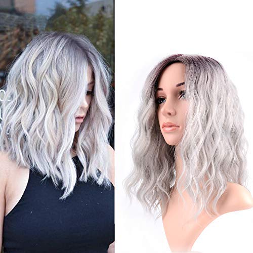 Photo 1 of FAELBATY 14 Inch Curly Grey Wig Short bob Wigs Shoulder Length side part Women's Short Wig ombre color Synthetic Cosplay Wig for Girl Halloween Costume Wigs Ombre Purple Grey Color