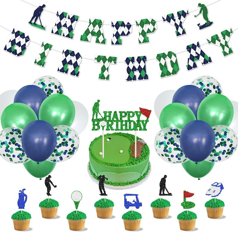 Photo 1 of Golf Birthday Party Supplies Decoration Kits, Green Golfing Happy Birthday Banner, Golf themed Cake Topper and Cupcake Toppers, White, Green, Navy Blue and Sequins Balloons for Outdoor Sports Fanatic, Theme Party for Golfer Creative Converting Sports Golf