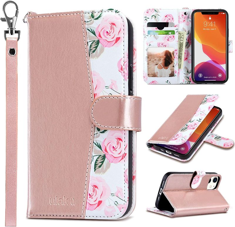 Photo 1 of ULAK Compatible with iPhone 12 Wallet Case for Women, Premium PU Leather iPhone 12 Pro Flip Cover with Card Holder, Wrist Strap, Kickstand Shockproof Phone Case for iPhone 12/12 Pro 6.1, Rose Flower