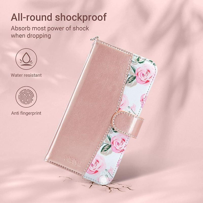 Photo 2 of ULAK Compatible with iPhone 12 Wallet Case for Women, Premium PU Leather iPhone 12 Pro Flip Cover with Card Holder, Wrist Strap, Kickstand Shockproof Phone Case for iPhone 12/12 Pro 6.1, Rose Flower