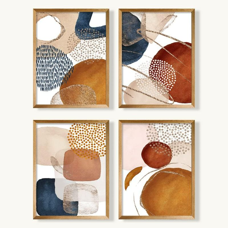 Photo 1 of YUMKNOW Boho Abstract Wall Art, Unframed 8x10 Set of 4, Minimalist Wall Art Prints, Mid Century Modern Wall Decor for Living Room, Boho Wall Decor for Bedroom, Aesthetic Posters, Gold Blue Art Office