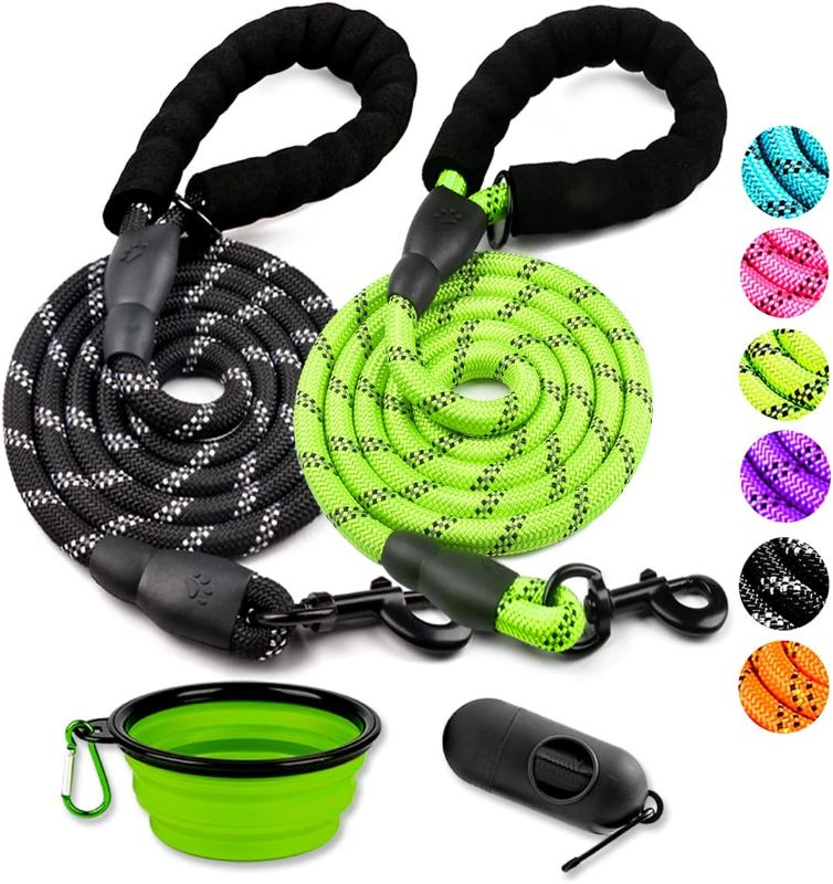 Photo 1 of 2 Pack Dog Leash, 5 FT Heavy Duty Rope Leash with Soft Padded Handle - Highly Reflective Threads for Medium Large Dog Training Walking & Traffic Control Safety (with Poop Bags Dispenser & Pet Bowl)