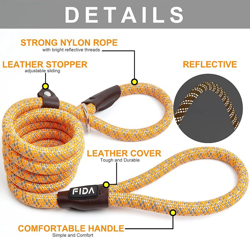 Photo 2 of Fida Durable Slip Lead Dog Leash, 6 FT x 1/2" Heavy Duty Dog Loop Leash, Comfortable Strong Rope Slip Leash for Large, Medium Dogs, No Pull Pet Training Leash with Highly Reflective, Orange