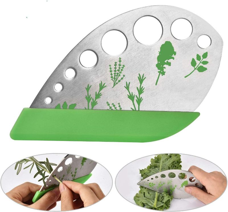 Photo 4 of 2 Pack Herb Stripper Tool 9 Holes Stainless Steel kale Leaf Stripping Zip Tools, Curved Edge Can be Used as a Kitchen Gadgets