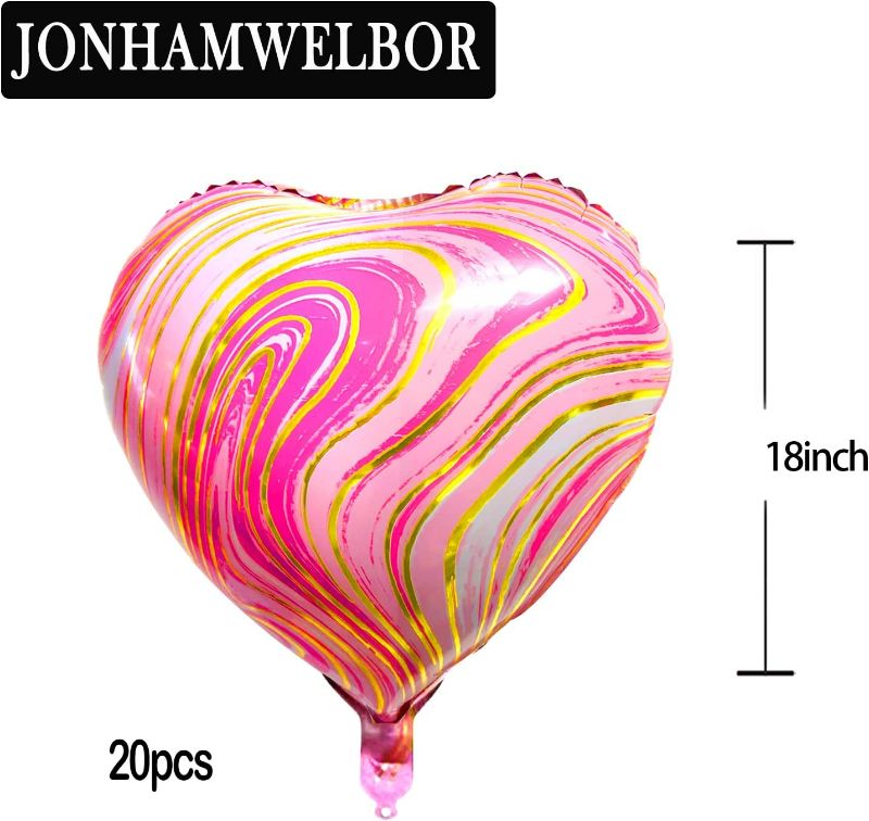 Photo 3 of 20 Pack Pink Marble Heart Balloons 18 inch Pink Marble Foil Balloons Heart Shape Agate Mylar Balloons for Girls Birthday, Baby Shower, Party Decorations (Pink Rainbow)