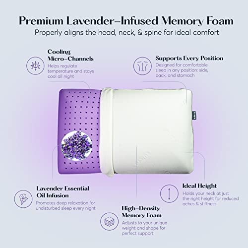 Photo 6 of Sutera - Lavender Zen Memory Foam Pillow for Sleeping - Essential Lavender Oil Infused, Cooling Pillow with Neck, Shoulder and Back Support - Relaxing Pillow for Side, Back, Stomach Sleepers
