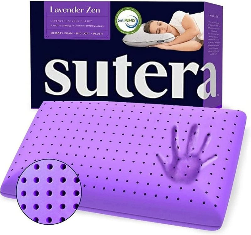 Photo 1 of Sutera - Lavender Zen Memory Foam Pillow for Sleeping - Essential Lavender Oil Infused, Cooling Pillow with Neck, Shoulder and Back Support - Relaxing Pillow for Side, Back, Stomach Sleepers
