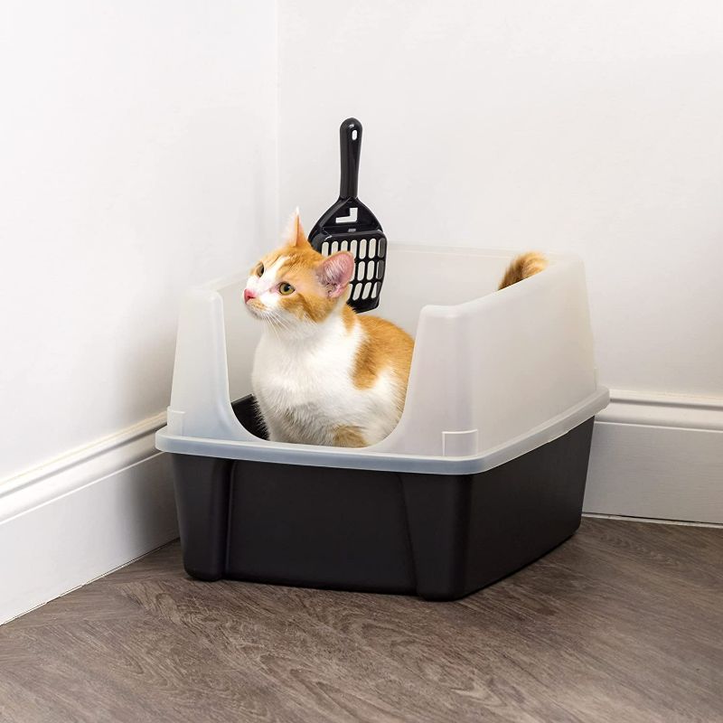 Photo 2 of IRIS USA Open Top Cat Litter Tray with Scoop and Scatter Shield, Sturdy Easy to Clean Open Air Kitty Litter Pan with Tall Spray and Scatter Shield, Black/Clear
