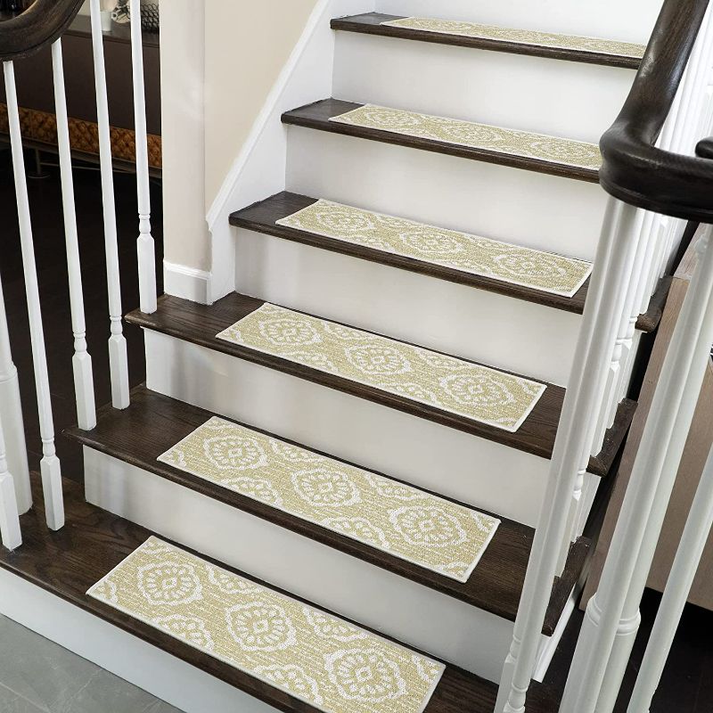 Photo 1 of SEE PHOTOS 15 piece magic palace stair carpet mats Anti-Slip Carpet Strips for Indoor Stairs-Easy to Install with Double Adhesive Tape-Safe, Extra-Grip, 15 Pack- white and yellow flower print 