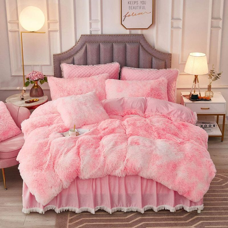 Photo 1 of JAUXIO Luxury Abstract Faux Fur Bedding Set Tie Dye Printed Shaggy Duvet Cover with Pillow Shams Soft Crystal Velvet Reverse (Pink, King)