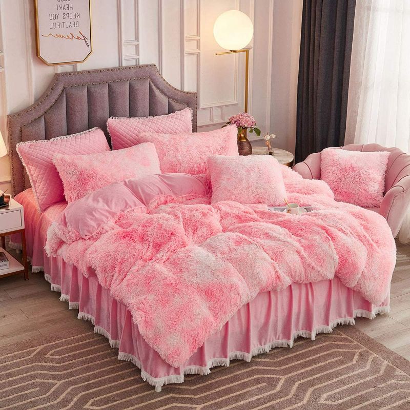 Photo 4 of JAUXIO Luxury Abstract Faux Fur Bedding Set Tie Dye Printed Shaggy Duvet Cover with Pillow Shams Soft Crystal Velvet Reverse (Pink, King)