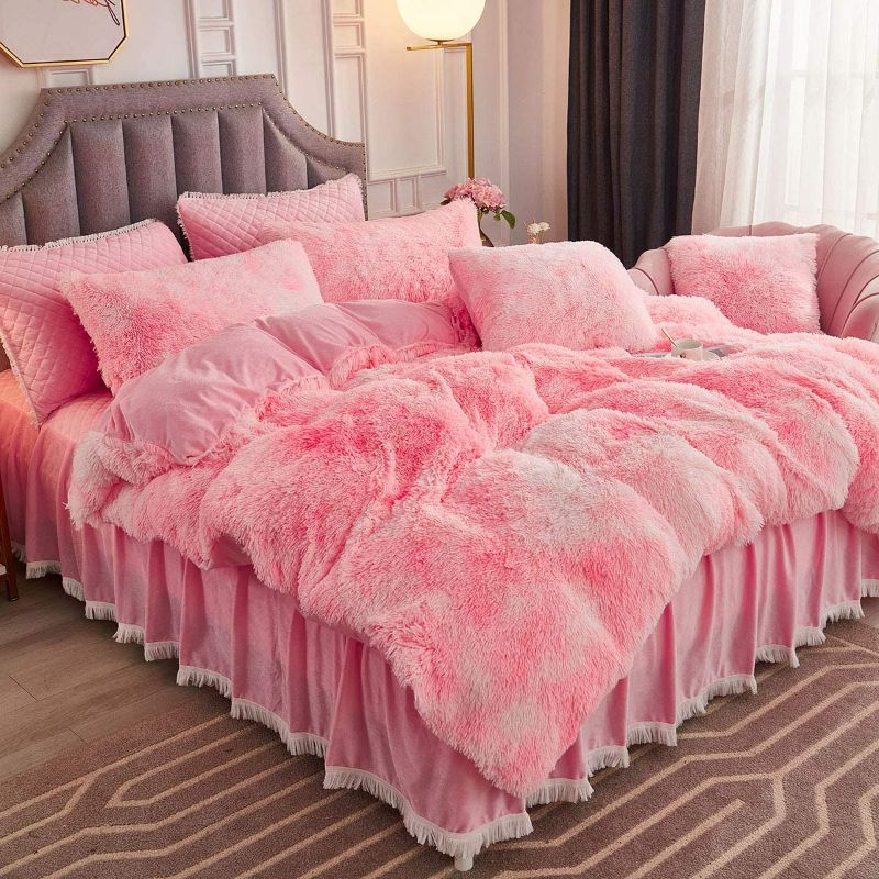Photo 2 of JAUXIO Luxury Abstract Faux Fur Bedding Set Tie Dye Printed Shaggy Duvet Cover with Pillow Shams Soft Crystal Velvet Reverse (Pink, King)