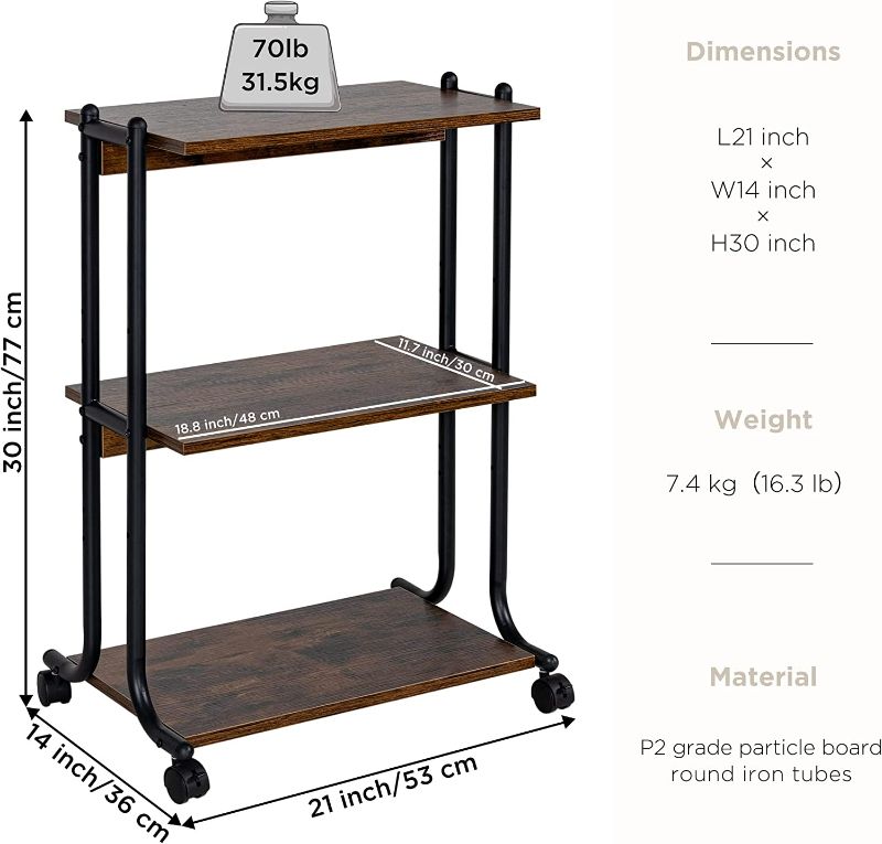 Photo 2 of Becko 3-Tier Mobile Wood/Metal Printer Stand with Shelf, Storage Cart with Casters/Non-Slip Pads for Home and Office
