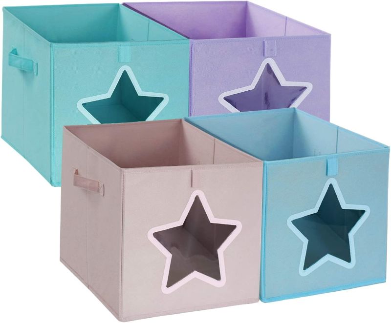 Photo 1 of 12 Inch Cube Storage Organizer Bins-Foldable Kids Toy Box Fabric storage Cubes Bin Container Baskets with Clear Star Shape Window and Handles for Boys,Girls,Nusery,Clothes,Pantry Closet,Shelf,4 Pack