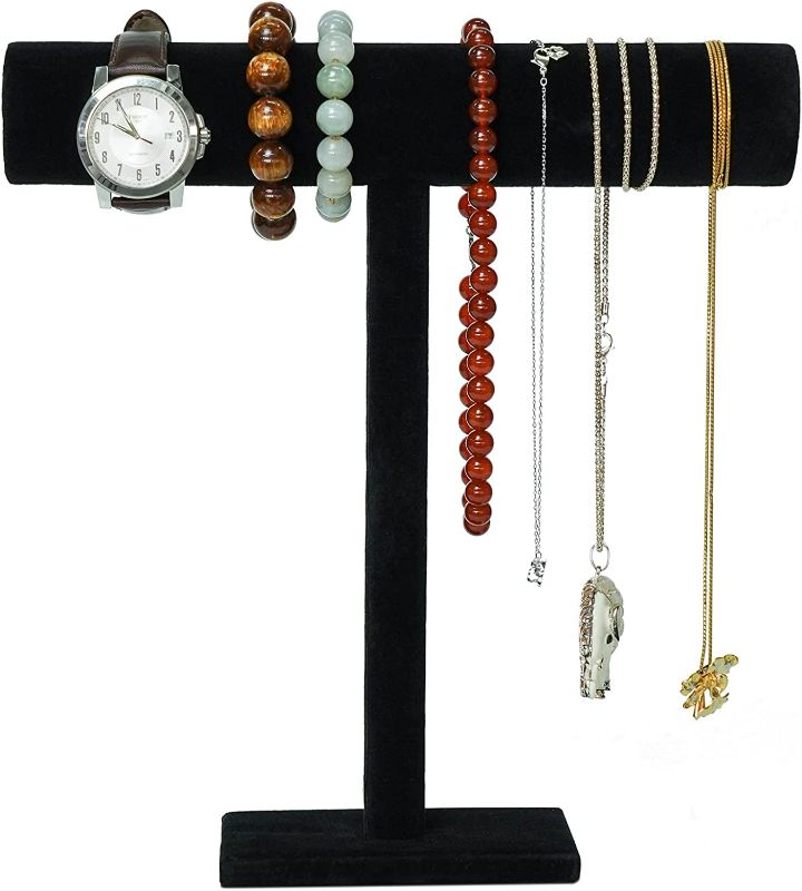 Photo 1 of G Ganen T-Bar Necklace Holder Jewelry Display Stand; Black Velvet Holder Organizer for Necklace, Chains, Bracelets, Watches, Headphones; 12” High*11”Cross.