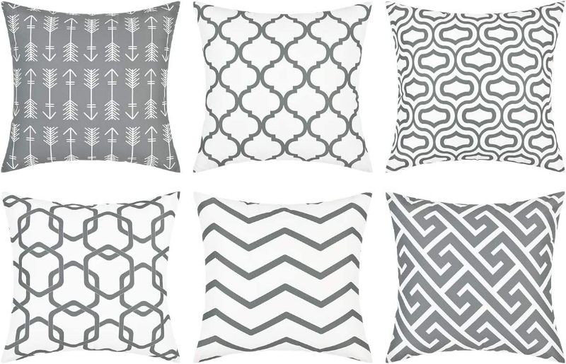 Photo 1 of  Throw Pillow Covers Set of 6 Modern Decorative Throw Pillow Cases Geometric Pillow Covers Cushion Covers for Couch Sofa Bedroom Car (Grey and White, 18 x 18 Inch)