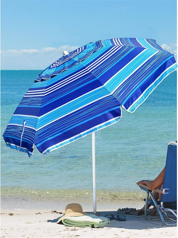 Photo 4 of AMMSUN 6.5 Foot Heavy Duty HIGH Wind Beach Umbrella with tilt Sun Shelter, UV 50+ Protection Outdoor Sunshade Umbrella with Carry Bag for Patio Garden Beach Pool Backyard Stripe Blue