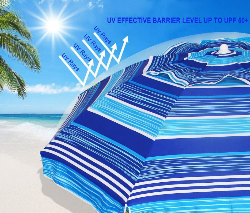 Photo 3 of AMMSUN 6.5 Foot Heavy Duty HIGH Wind Beach Umbrella with tilt Sun Shelter, UV 50+ Protection Outdoor Sunshade Umbrella with Carry Bag for Patio Garden Beach Pool Backyard Stripe Blue