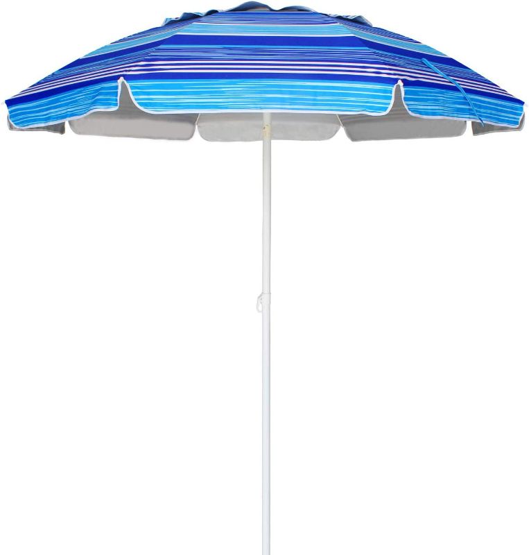 Photo 2 of AMMSUN 6.5 Foot Heavy Duty HIGH Wind Beach Umbrella with tilt Sun Shelter, UV 50+ Protection Outdoor Sunshade Umbrella with Carry Bag for Patio Garden Beach Pool Backyard Stripe Blue