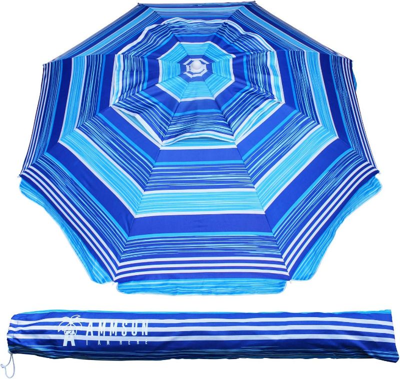 Photo 1 of AMMSUN 6.5 Foot Heavy Duty HIGH Wind Beach Umbrella with tilt Sun Shelter, UV 50+ Protection Outdoor Sunshade Umbrella with Carry Bag for Patio Garden Beach Pool Backyard Stripe Blue