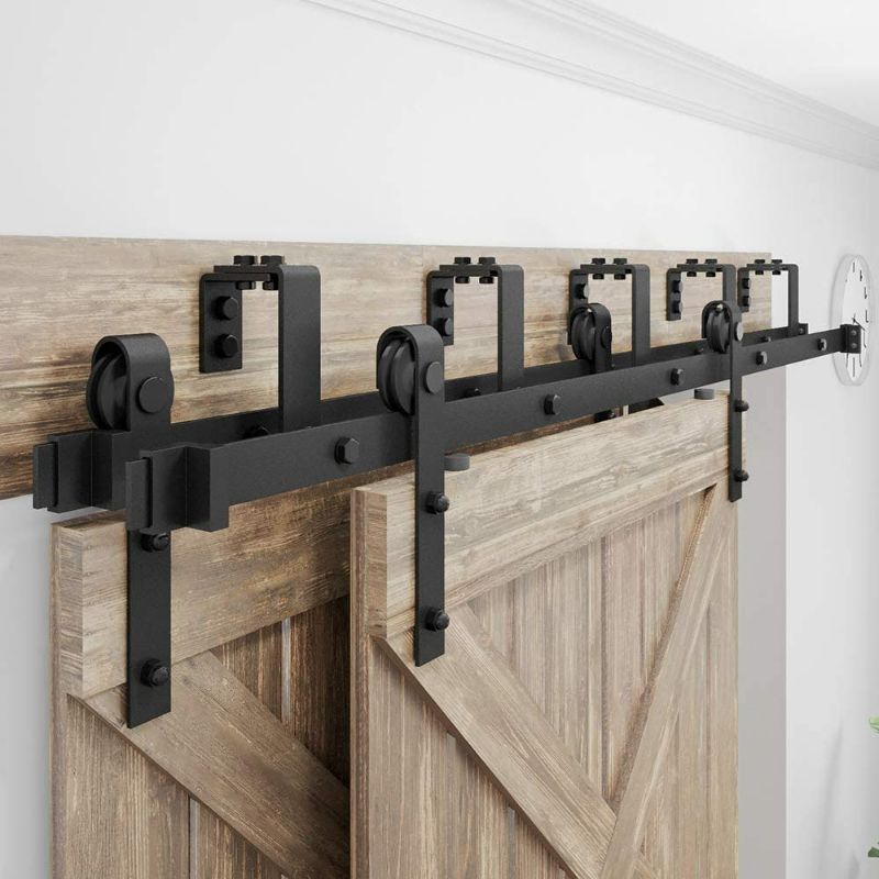 Photo 1 of WINSOON 4FT-16FT Metal Sliding Bypass Barn Wood Door Hardware Kit System Bending Design Wall Mount Bracket Fit Double Wooden Doors (4FT) 4FT Track Bypass kit