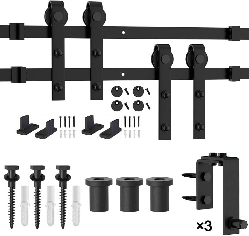 Photo 2 of WINSOON 4FT-16FT Metal Sliding Bypass Barn Wood Door Hardware Kit System Bending Design Wall Mount Bracket Fit Double Wooden Doors (4FT) 4FT Track Bypass kit