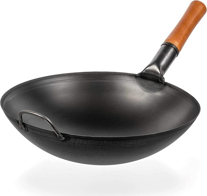 Photo 1 of YOSUKATA Carbon Steel Wok Pan - 14 “ Woks and Stir Fry Pans - Chinese Wok with Round Bottom Wok - Traditional Chinese Japanese Woks - Black Steel Wok