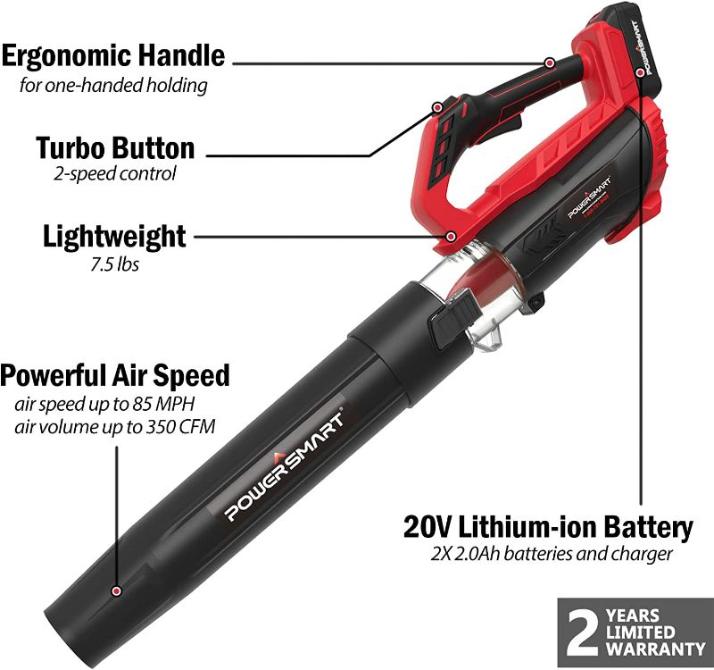 Photo 2 of PowerSmart 20V Cordless Leaf Blower with 2PCS 1.5Ah Battery and Charger, Blowers for Lawn Care, Snow Blowing & Yard Cleaning
