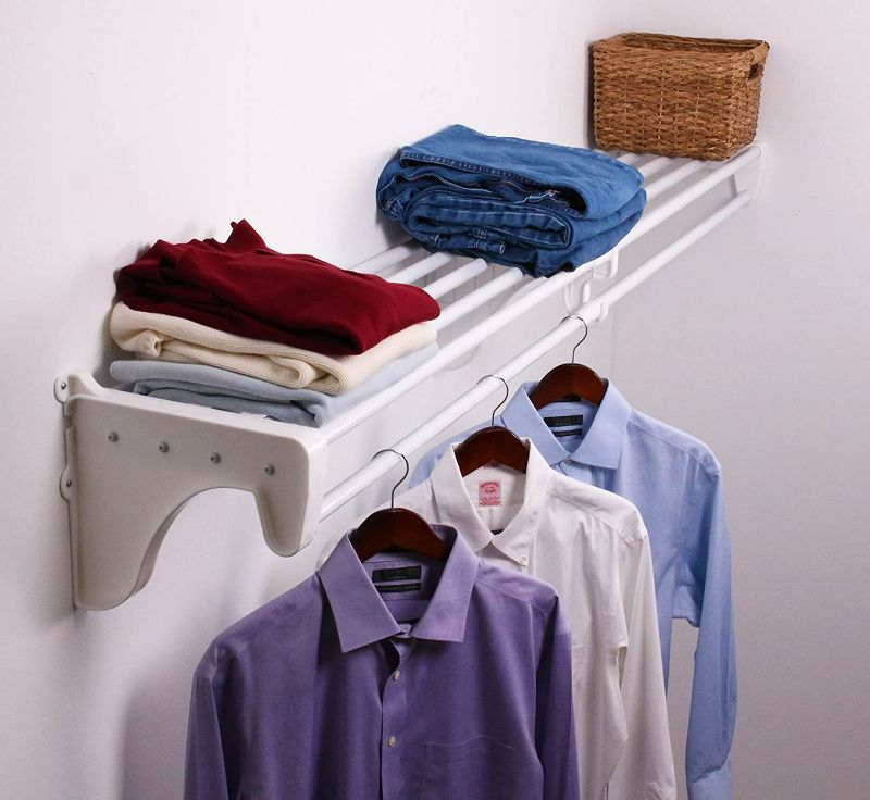 Photo 1 of EZ Shelf DIY Expandable Closet Shelf and Rod - 41.5” - 74” -White- Mounts to 1 Sidewall and Backwall (with 1 End Bracket) - Easy to Install - Strong - Wire Shelving Alternative (EZS-SCRW72-1-1)

