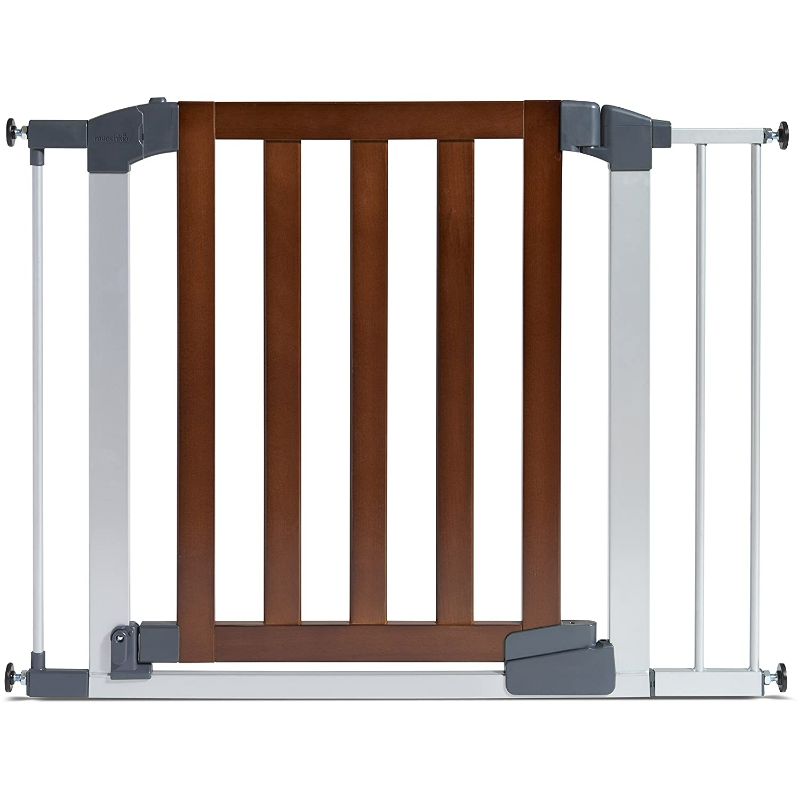 Photo 2 of Munchkin® Auto Close Modern™ Pressure Mounted Baby Gate for Stairs, Hallways and Doors, Walk Through with Door, Dark Wood and Silver Metal
