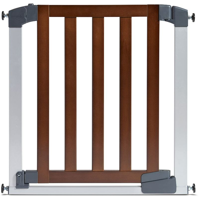 Photo 1 of Munchkin® Auto Close Modern™ Pressure Mounted Baby Gate for Stairs, Hallways and Doors, Walk Through with Door, Dark Wood and Silver Metal
