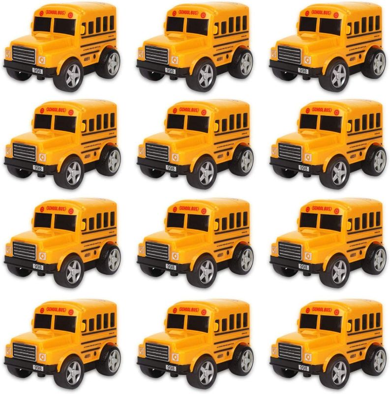 Photo 1 of 12 Pack in Box Chubby School Bus Model Toys - 4 inches Classic Long Nose Friction Powered 360 Rotation Vehicles - Ideal Gift, Party Favors for Kids (1 Dozen)
